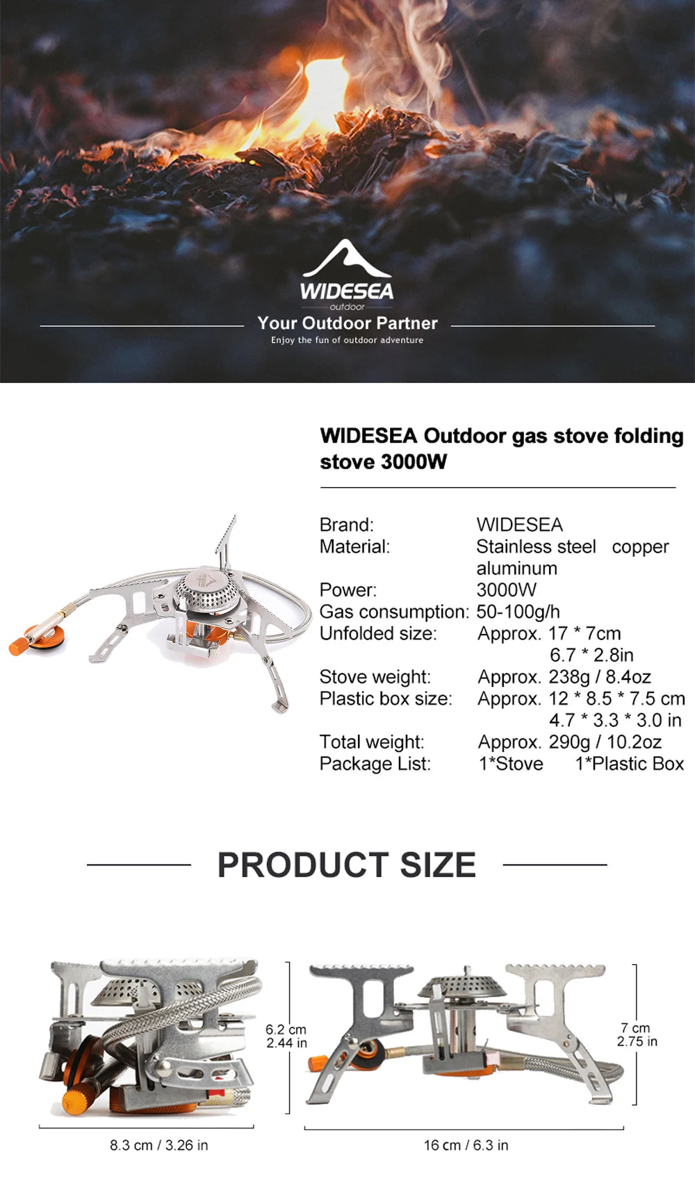 Widesea Camping Gas Stove – Strong Fire Outdoor Tourist Burner & Survival Cooker